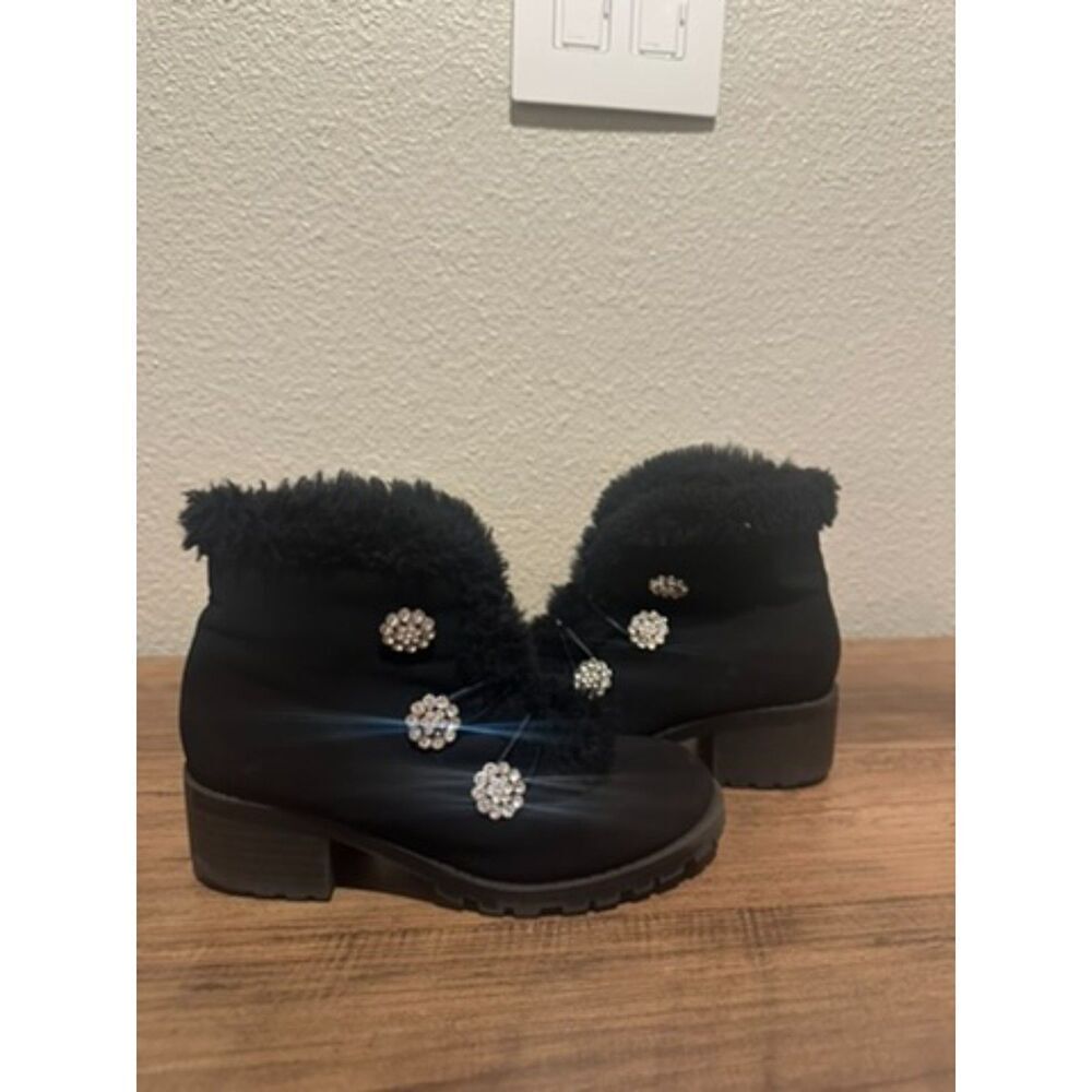 Annie Black Girl Heel Booties with Cute Button/Crystal with Faux Fur Size 11